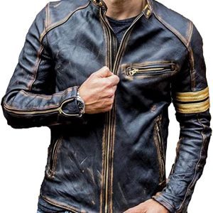 Mens Brown Café Racer Distressed Quilted Motorcycle Armored Mesh Lined Padding Racing Leather Jacket
