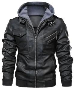 Hood Crew Men’s Casual Stand Collar Real Leather Bomber Jacket With a Removable Hood
