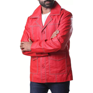 Brad Red Real Leather Jacket FC Shirt Collor Durden Coat Tyler Jacket