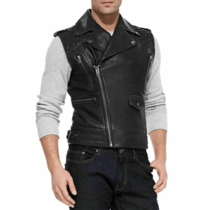 Men's Slim Fit Quilted Brando Style Black Genuine Lambskin Leather Vest Jacket