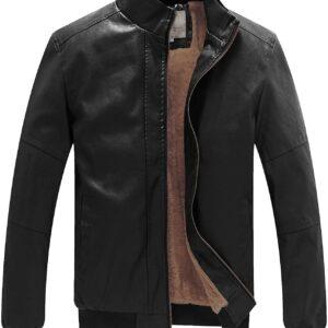 Men's Stand Collar Fleece Lined Bomber Faux Leather Jacket