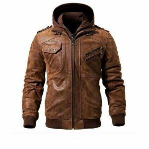 BROWN LEATHER MOTORCYCLE & BIKER JACKET FOR MEN WITH REMOVABLE HOOD