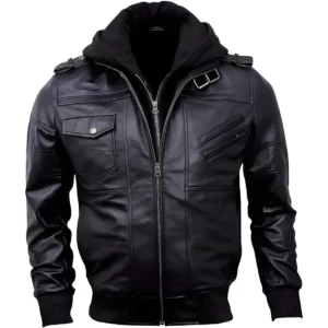 Bomber Genuine Leather Men's Jacket Hooded - Black and Brown