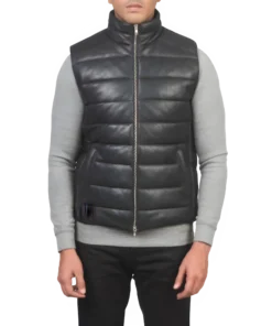 Mens Black Leather Puffer Vest