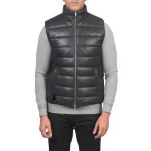 Mens Black Leather Puffer Vest