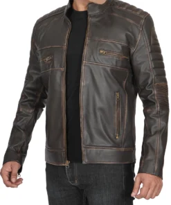 Mens Distressed Dark Brown Cafe Racer Vinatge Real Leather Jacket - Image 3