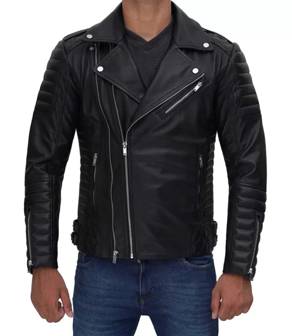 Mens Biker Real Black Leather Jacket
