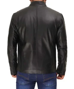 Mens Black Cafe Racer Leather Jacket - Image 2