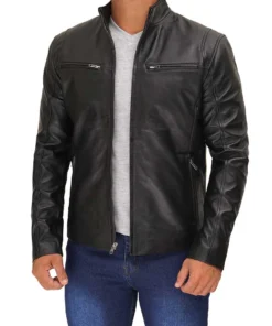 Mens Black Cafe Racer Leather Jacket - Image 3