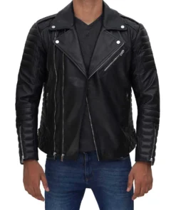 Mens Biker Style Asymmetrical Real Black Leather Jacket - Image 4
