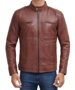 Mens Cafe Racer Leather Jacket Brown - Image 4