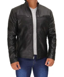 Mens Black Cafe Racer Leather Jacket - Image 4