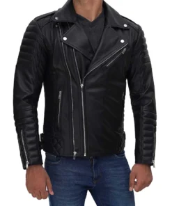 Mens Biker Style Asymmetrical Real Black Leather Jacket - Image 3