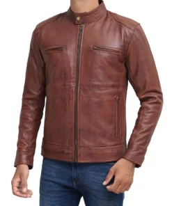 Mens Cafe Racer Leather Jacket Brown - Image 5