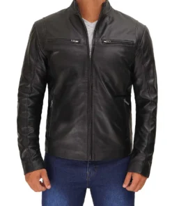 Mens Black Cafe Racer Leather Jacket - Image 5