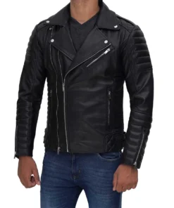Mens Biker Style Asymmetrical Real Black Leather Jacket - Image 5