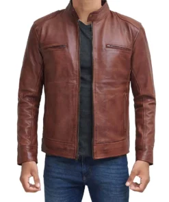Mens Cafe Racer Leather Jacket Brown - Image 3