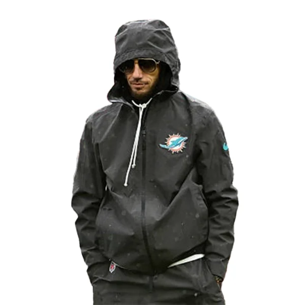 Miami Dolphins 2025 Coach Mike McDaniel Black Hooded Full-Zip Rain Jacket