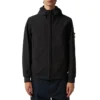 The Stone Island Light Soft Shell Black Jacket is made from durable polyester, featuring a hooded collar and ribbed knit cuffs for a comfortable and secure fit. With a front zip closure and sleek black design, this lightweight jacket is perfect for casual wear, outdoor activities, or layering in cooler weather, combining style and functionality effortlessly.