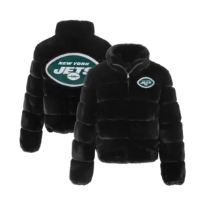 New York Jets Faux Fur Full-Zip Bomber Cuce Black Jacket