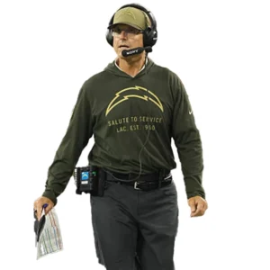 Jim Harbaugh Los Angeles Chargers Salute to Service Forest Green Sideline Hooded Pullover T-Shirt