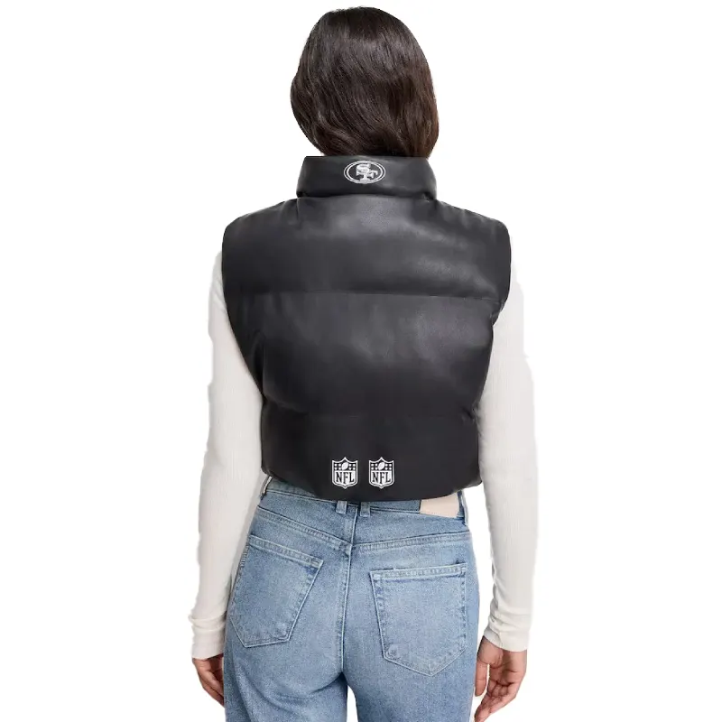 San Francisco 49ers Faux Leather Cropped Puffer Vest 2025 For Unisex