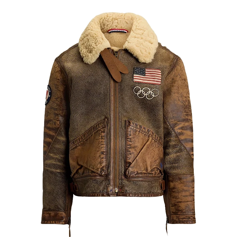 2026 Winter Olympics Polo Ralph Lauren Team USA Brown Leather Flight Jacket For Unisex