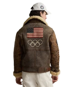2026 Winter Olympics Polo Ralph Lauren Team USA Brown Leather Flight Jacket For Woman