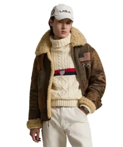 2026 Winter Olympics Polo Ralph Lauren Team USA Brown Leather Flight Jacket Woman