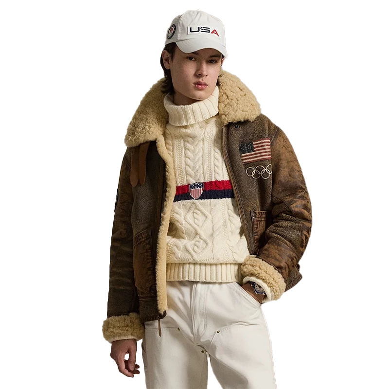 2026 Winter Olympics Polo Ralph Lauren Team USA Brown Leather Flight Jacket Woman
