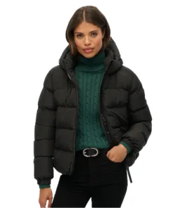 Superdry Black Hooded Sports Puffer Jacket For Unisex