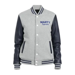 Marty Supreme Gray and Navy Blue Varsity Jacket