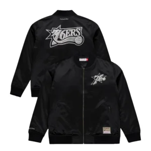 Philadelphia 76ers Mitchell & Ness Chrome Black Bomber Jacket
