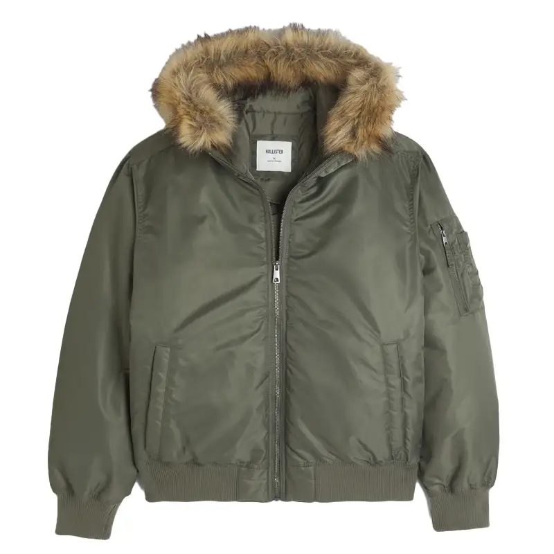 Hollister Faux Fur Trim Zip-Up Bomber Jacket