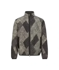 Diamond Pattern Wool Blend Zip-Up Cardigan