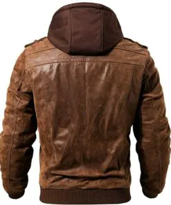 USA BROWN LEATHER MOTORCYCLE & BIKER JACKET FOR MEN WITH REMOVABLE HOOD - Image 3