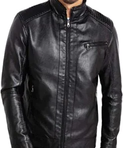 Alternative view of Men's Stand Collar Black Biker Leather Jacket Lightweight Real Leather Outwear