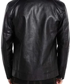 Men's Stand Collar Black Biker Leather Jacket Lightweight Real Leather Outwear - Image 3