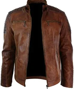 Men's Distressed Brown Cafe Racer Quilted Shoulder Motorcycle Brown Biker Leather Jacket - Image 3