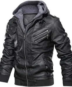 Hood Crew Men’s Casual Stand Collar Real Leather Bomber Jacket With a Removable Hood - Image 3