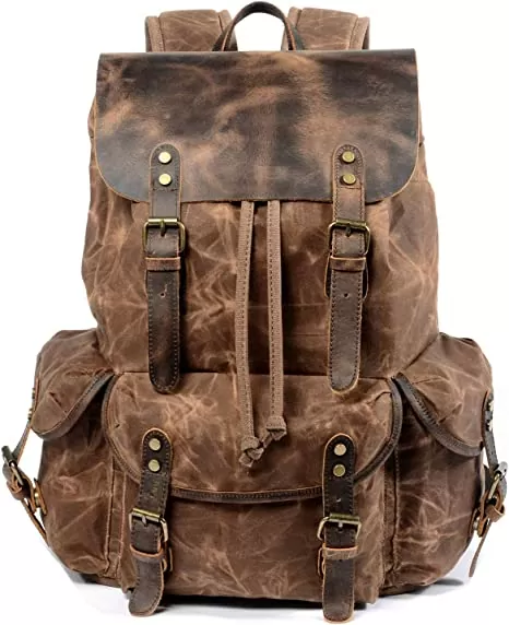 Leather Backpack For Men, Waxed Canvas Shoulder Rucksack For Travel School