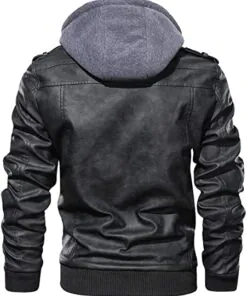 Alternative view of Hood Crew Men’s Casual Stand Collar Real Leather Bomber Jacket With a Removable Hood