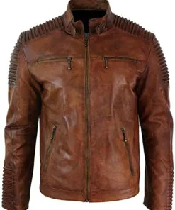Men's Distressed Brown Cafe Racer Quilted Shoulder Motorcycle Brown Biker Leather Jacket - Image 4