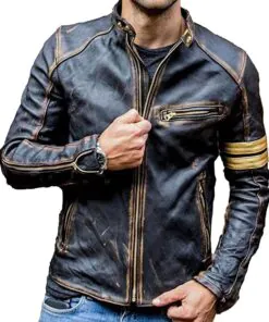 Mens Brown Café Racer Distressed Quilted Motorcycle Armored Mesh Lined Padding Racing Leather Jacket