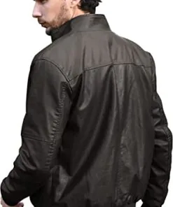 Men's Stand Collar Fleece Lined Bomber Faux Leather Jacket - Image 3