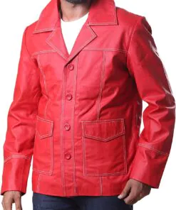 Brad Red Real Leather Jacket FC Shirt Collor Durden Coat Tyler Jacket - Image 3