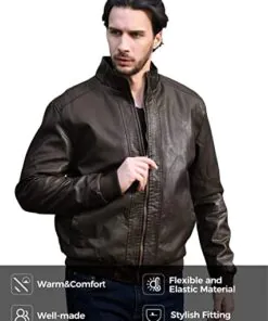 Men's Stand Collar Fleece Lined Bomber Faux Leather Jacket - Image 4