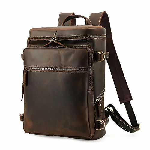 Genuine Leather Backpack For Men Fits 15.6 Inch Laptop Brown Travel College School Book Bag