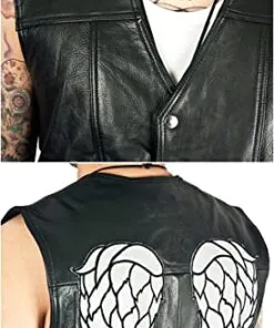 Men's Walking Dead Angel Governor Wings Black Leather Vest - Image 3