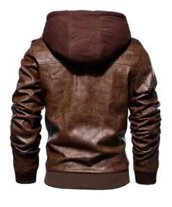 Alternative view of Men's Slim Fit Bomber Hoodie Brown Biker Leather Jacket